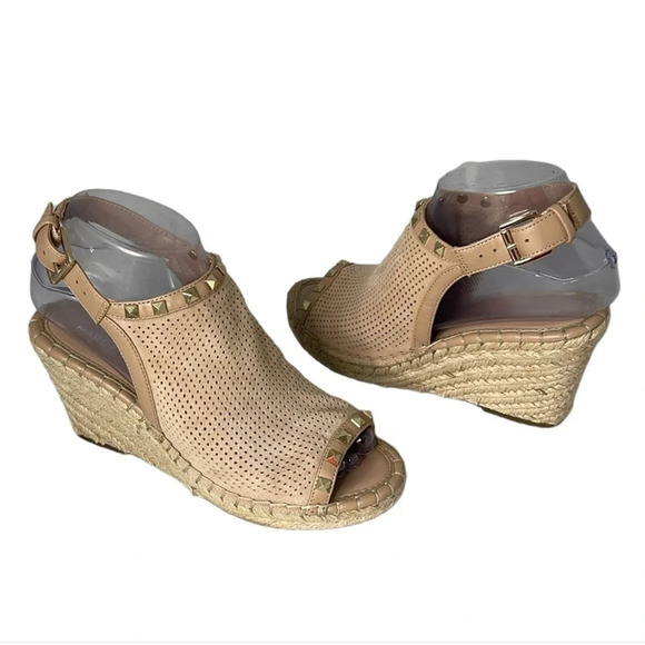 MARC FISHER Santon Tan Nude Espadrille Wedges Shoes Open Toe Gold Studded Boho 6 - Picture 2 of 12